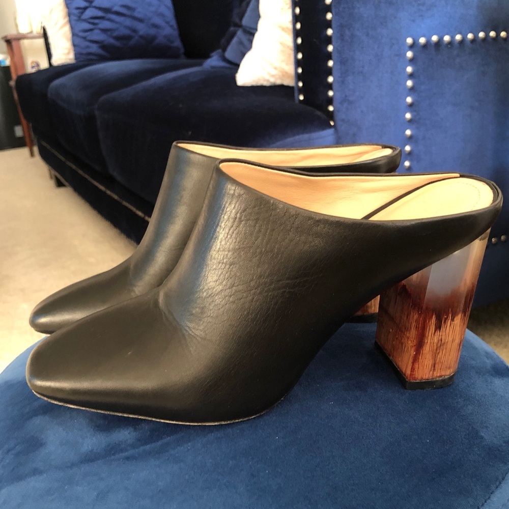 Pour La Victoire Calf Leather Mule resin injected wood look lucite heel size 7